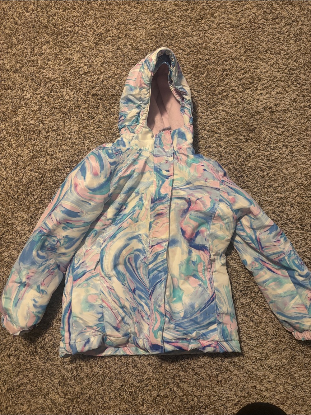 Kids Marble tye dye-Print Hooded Winter Jacket - Pastel Blue & Pink-Like new!